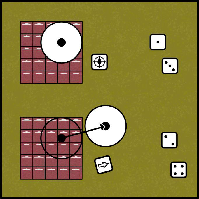 Diagram showing the scatter dice's arrow and Hit! faces, and how the arrow indicates a direction of scatter.
