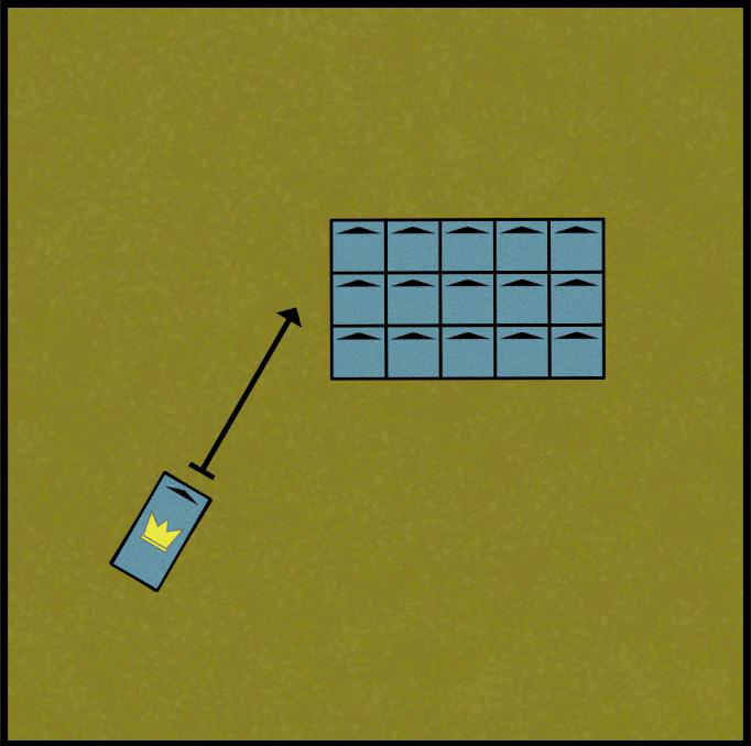 Diagram showing a mounted character with a larger footprint displacing two infantry models to the rear rank.