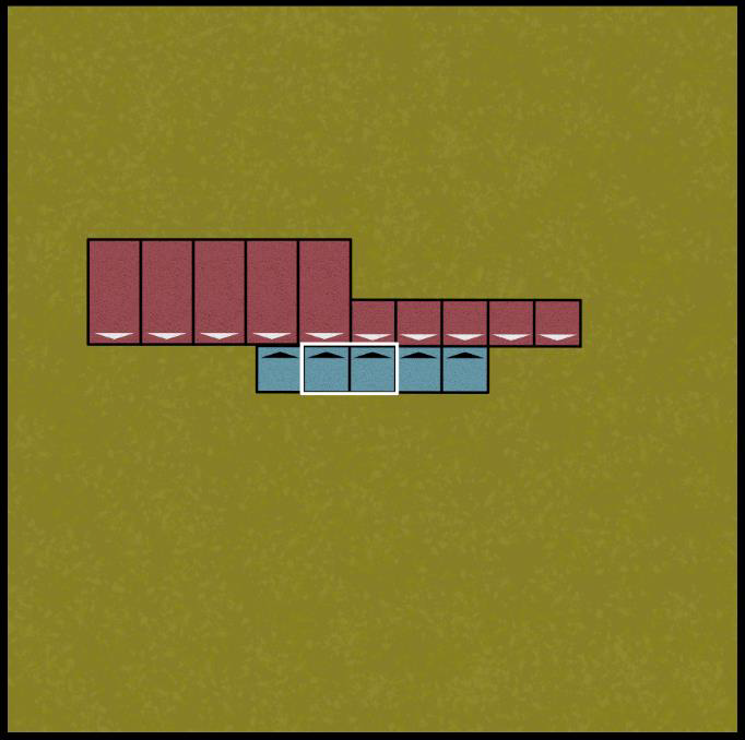 Diagram showing two models in contact with both a cavalry and an infantry model, able to choose which to attack.