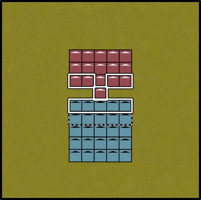 Diagram with full lines showing models attacking normally and dotted lines showing supporting attacks, and a unit moving forward after casualties separate it from the enemy.