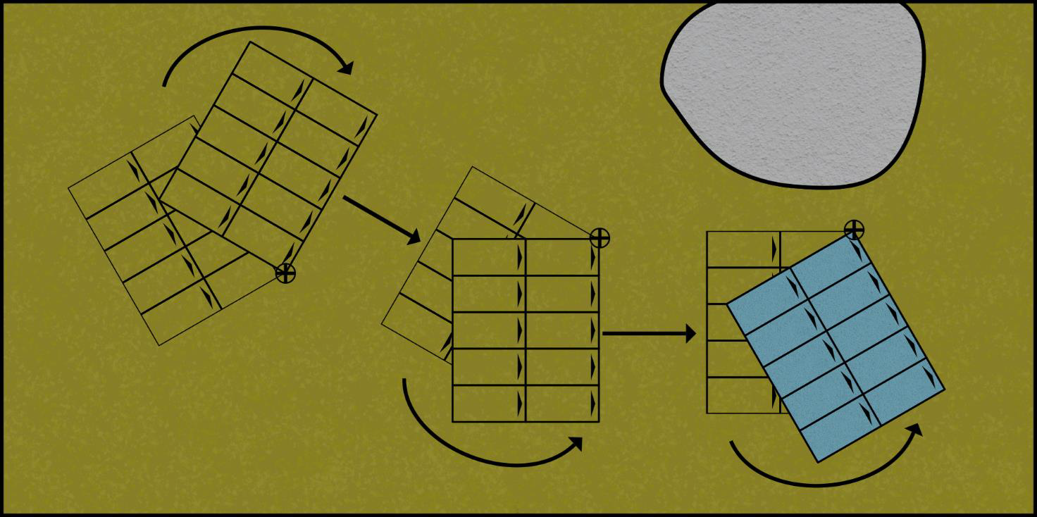 Diagram showing a unit making three wheels to move around a rock.