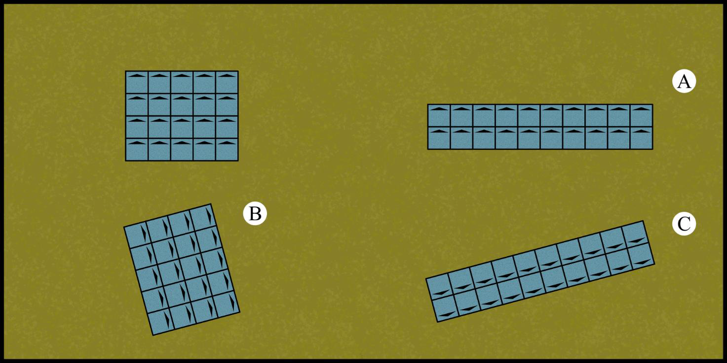 Diagram showing a unit changing its ranks/files, its facing, or both when reforming.