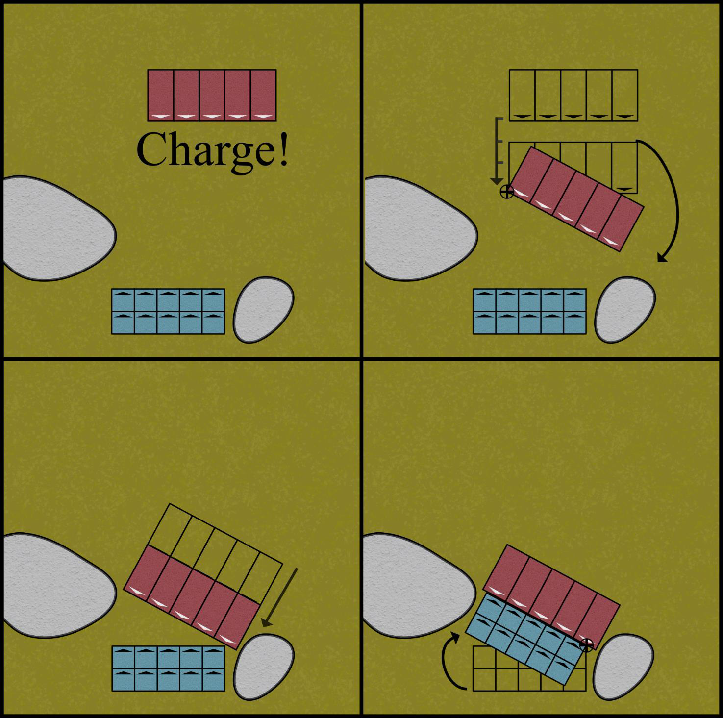 Diagram showing a charging unit unable to close the door due to terrain, with the enemy unit closing it instead.