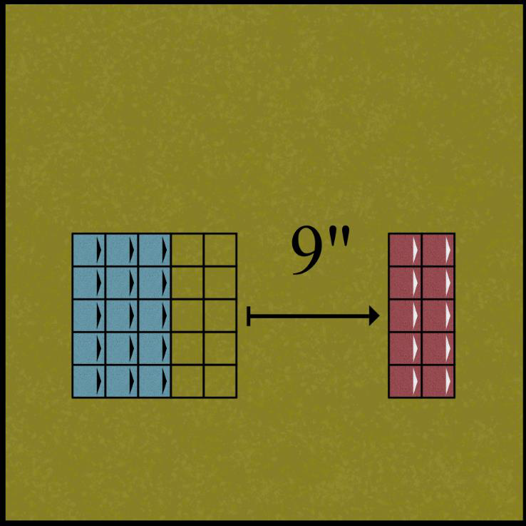 Diagram showing the red unit fleeing forward a distance equal to its Flee roll.