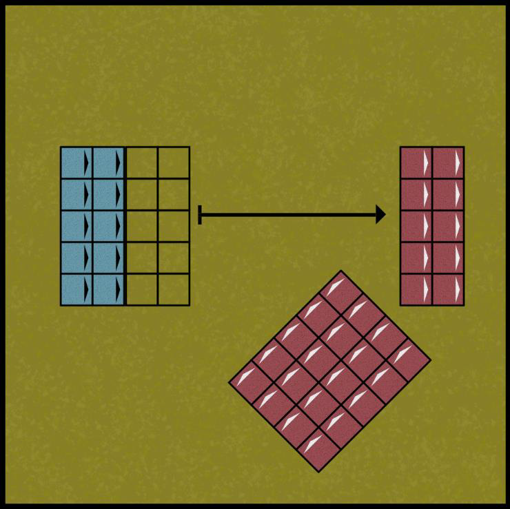 Diagram showing a red unit escaping its pursuers by moving through a friendly unit.