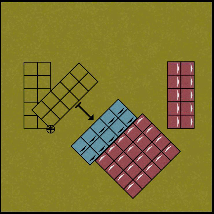 Diagram showing the pursuing blue unit forced to charge a second red unit, wheeling to maximise contact.
