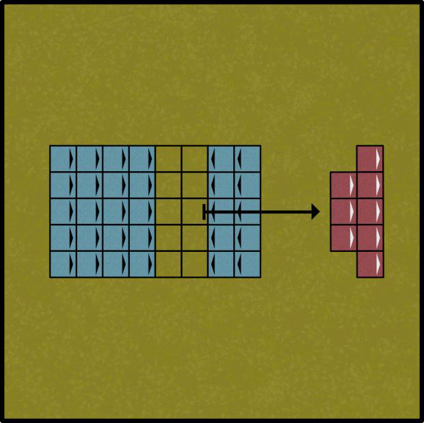 Diagram showing a unit fleeing directly away from the enemy with the highest Unit Strength, taking Dangerous Terrain tests where it flees through an enemy model.
