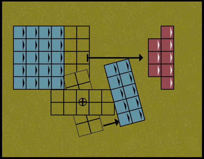 Diagram showing the smaller blue unit pursuing first, stopping 1 inch away after its pursuit move would otherwise re-contact the fleeing red unit.