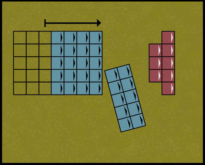 Diagram showing the larger blue unit making its own pursuit move and stopping 1 inch away from its comrades.