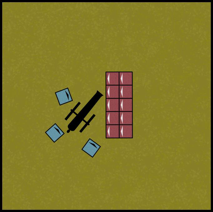 Diagram showing a unit that has charged and is touching the war machine, able to fight it in the ensuing combat.