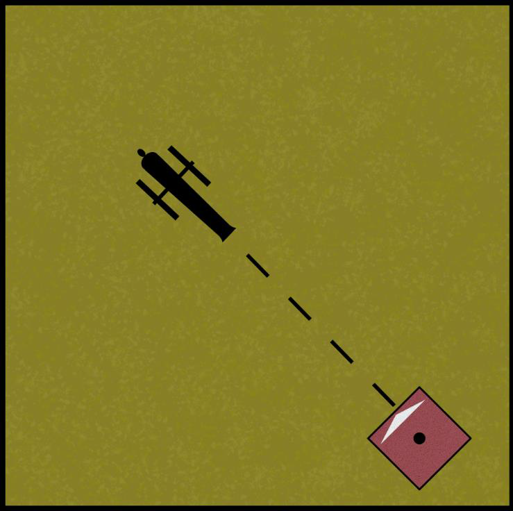 Diagram showing a cannon's target marked with a dot before the artillery and scatter dice are rolled.