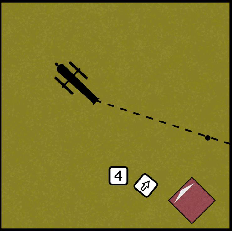 Diagram showing a cannonball scattering half the artillery dice result in the direction shown by the scatter dice.