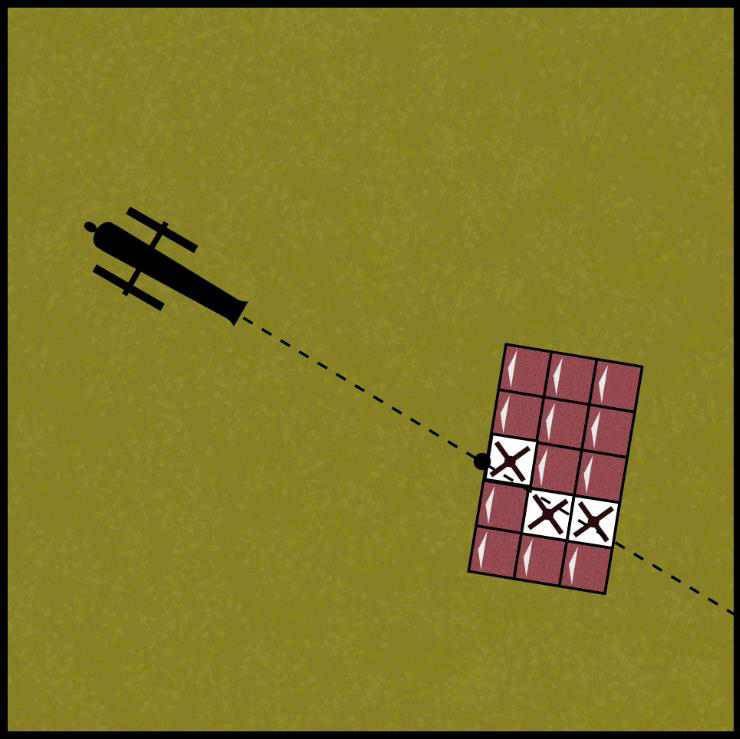 Diagram showing a cannonball landing on target and bouncing through three ranks of a unit, scoring three hits.
