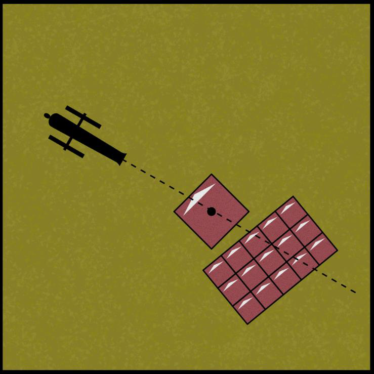 Diagram showing a cannonball striking a large model without killing it, stopping the shot from continuing into the unit behind.