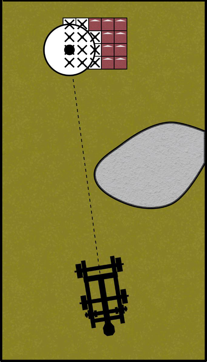 Diagram showing a stone thrower template placed to the side of a unit due to blocked line of sight, hitting 11 models with one at Strength 10 and the rest at Strength 4.